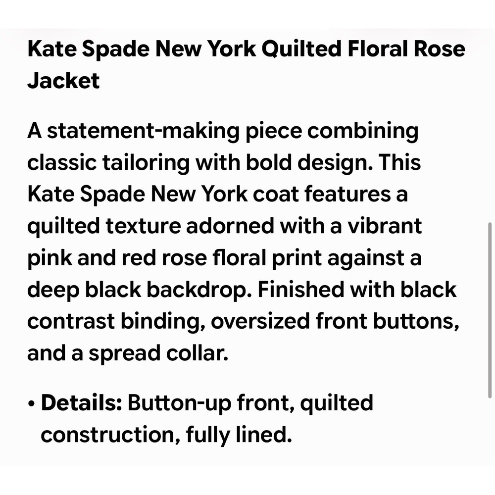 Kate Spade New York Sz XL Quilted Floral Rose Jacket Coat Black Pink Red - Picture 6 of 16